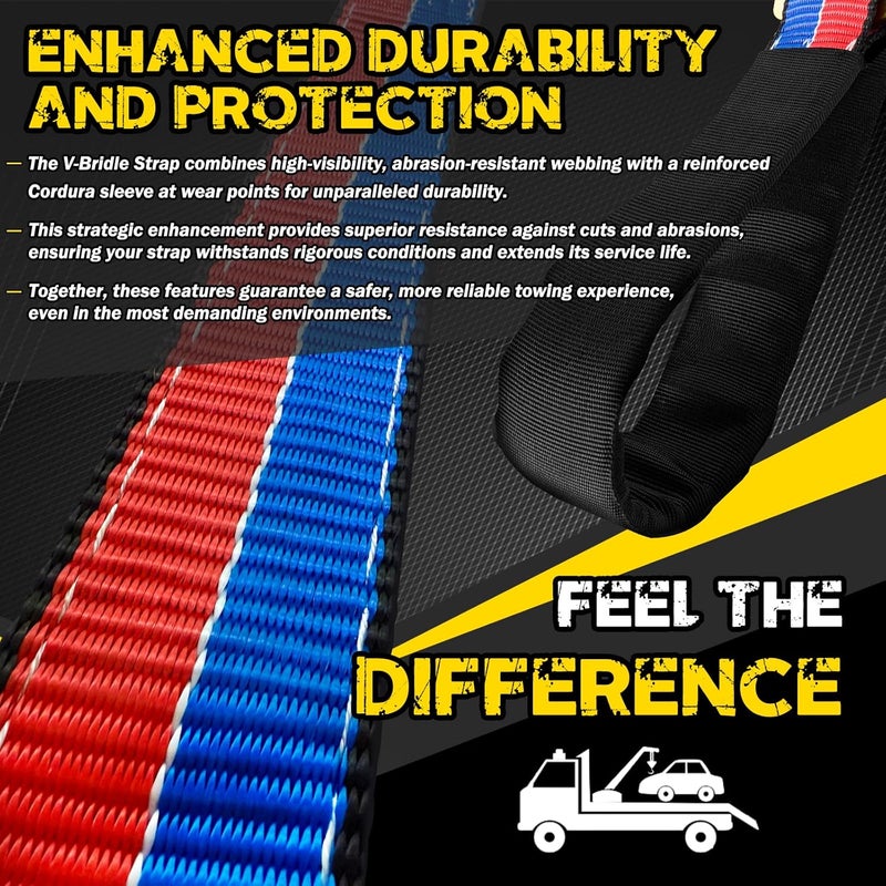 FITHOIST V-Bridle Tow Strap(Red&Blue) 2" x 4' with Snap Hooks, Cordura Sleeve, and Axle Straps, D-Ring for Enhanced Stability, Recovery Strap 5500lbs Load for Car Towing, Rollback, Flatbed, Tow Truck - Image 4